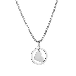 Polished silver hollow circle necklace with a heart pendant and a robust box chain