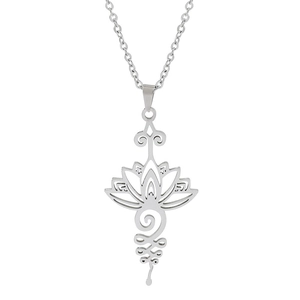 Collier Pendentif Unalome de Lotus en Acier Inoxydable pour Femme Yoga Mandala Spirituel Bijoux Fleur Creuse Argent