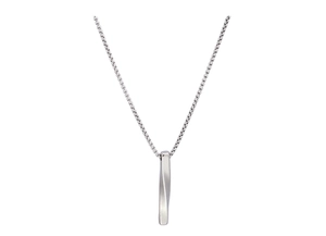 Macro detail of silver-toned twisted bar pendant with a sturdy steel box chain