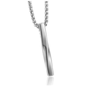 Detailed macro view of the twisted geometric silver pillar pendant with a sleek box chain