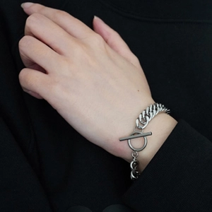 Mens thick Cuban chain bracelet in silver stainless steel with OT toggle clasp closure