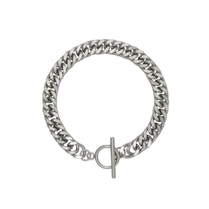 Silver cuban link bracelet in stainless steel with classic toggle clasp on white background