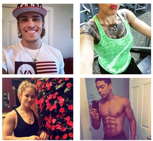Collage of diverse models wearing a stainless steel dumbbell pendant necklace for gym lovers