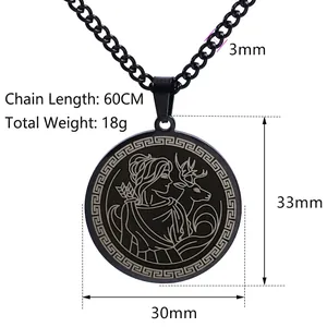 Artemis Greek Goddess pendant necklace in matte black steel with dimensions and chain length