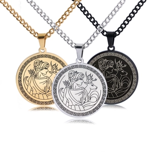 Vintage Ancient Greek Mythology Artemis Goddess Pendant Necklace For Men Women Stainless Steel Greek Key Medallion Necklace Mythology Jewelry