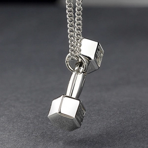 Polished stainless steel dumbbell pendant necklace for fitness enthusiasts with silver chain