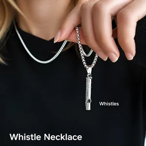 Silver stainless steel whistle necklace with functional pendant on box chain