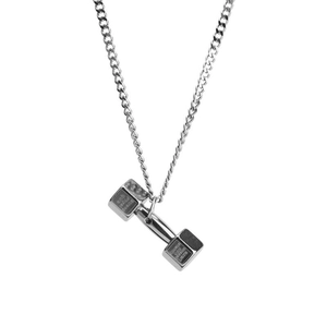 Men's silver dumbbell pendant necklace with engraved Strong lettering on a steel curb chain