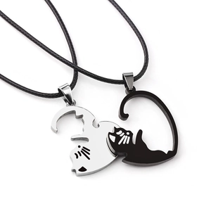 Matching cat pendant necklaces for couples in polished black and silver stainless steel