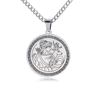Silver Artemis Greek Goddess coin pendant necklace with classic Meander pattern border