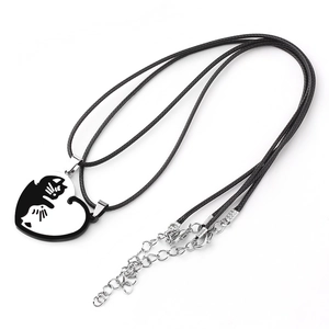 Cat matching heart pendant necklace set for couples made of titanium steel with leather cords