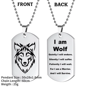 Minimalist Stainless Steel Wolf Head Dog Tag Necklace Double Sided Engraved Inspirational Quote Pendant Keychain Beaded Chain Jewelry