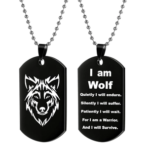 Mens stainless steel wolf head dog tag necklace with engraved warrior quote