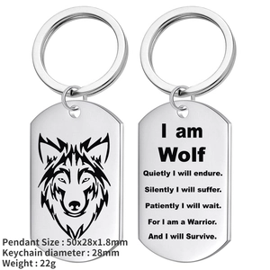 Stainless steel wolf head dog tag keychain with double-sided engraving for men