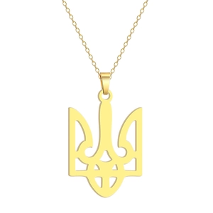 Detailed view of the gold Ukraine trident pendant on a fine stainless steel chain
