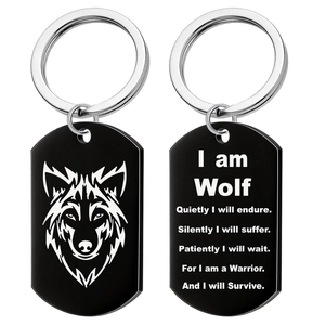 Black stainless steel wolf head dog tag keychains with inspirational text for men