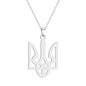 Detail shot of a silver stainless steel Ukraine Tryzub trident pendant on a fine link chain