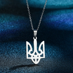 Polished stainless steel Ukraine Tryzub pendant necklace for women on blue background