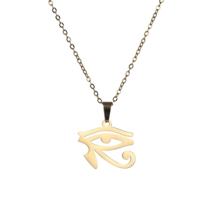 Close-up of golden stainless steel Eye of Horus pendant with a delicate O-link chain