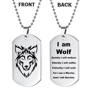 Double-sided stainless steel wolf head dog tag necklace with inspirational engraving