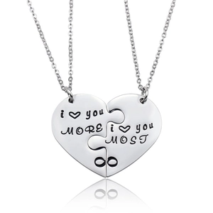 Polished titanium steel puzzle heart necklace set with i love you more and most engraving