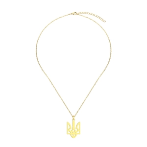 Detail view of golden Ukraine Trident Tryzub pendant with delicate chain and lobster clasp