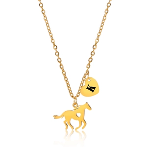 Gold stainless steel necklace with horse pendant and heart K charm on white background