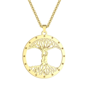 Halskette aus Edelstahl mit Lebensbaum-Anhänger und Sternen in Gold-Optik für Damen