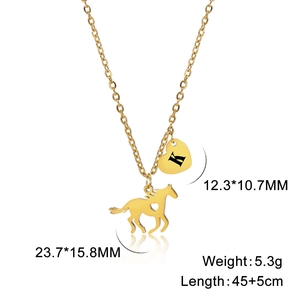 Detail of gold titanium steel heart and horse pendant necklace with letter K engraving