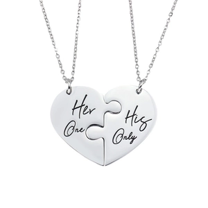 Polished stainless steel heart puzzle necklace with Her One and His Only engraving