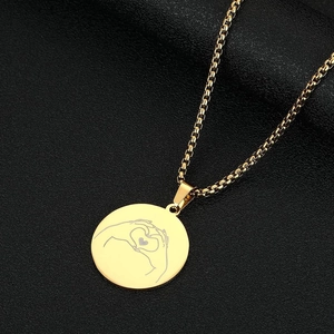 Gold stainless steel box chain necklace with engraved heart shape hand sign pendant