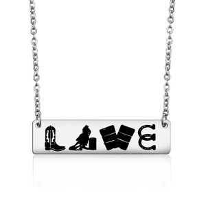 Polished stainless steel necklace featuring a Western cowboy themed LOVE bar pendant