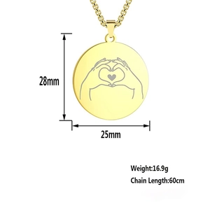 Minimalist gold heart hand gesture pendant necklace with 60cm chain dimensions shown