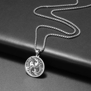 Collier hip hop en acier titane avec pendentif double dragon yin yang et chaîne box