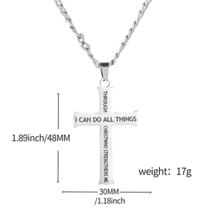 Collier croix en acier inoxydable pour homme avec écriture religieuse et dimensions