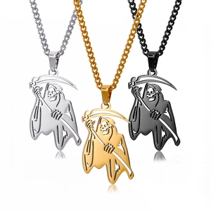 Gothic Stainless Steel Grim Reaper Pendant Necklace For Men Women Hip Hop Hollow Skull Ghost Reaper Scythe Charm Jewelry Halloween Gift