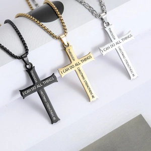Collier Pendentif Croix en Acier Inoxydable Gravé Verset Biblique Philippiens 4 13 Bijoux Religieux pour Hommes Femmes