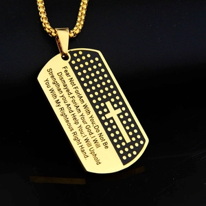 Gold stainless steel dog tag necklace with cross and Isaiah 41:10 bible verse engraving