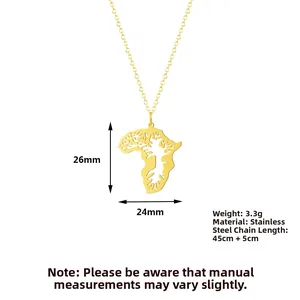 Dimensions détaillées du pendentif carte d'Afrique doré en acier inoxydable poli