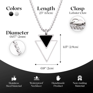 Detail specifications of stainless steel double triangle pendant on a 65cm snake chain