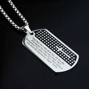Brushed stainless steel cross dog tag necklace for men with engraved bible verse