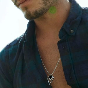 Men's double triangle pendant necklace in black and silver stainless steel with snake chain