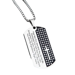 Brushed stainless steel dog tag necklace with cross and Isaiah 41:10 verse engraving
