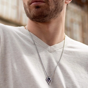 Men's silver stainless steel snake chain with double layered geometric triangle pendant