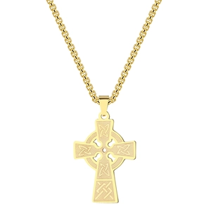 Macro shot of gold Celtic cross pendant with intricate knotwork patterns and chain