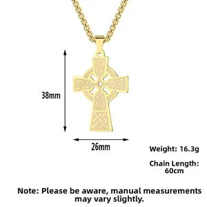 Macro detail of gold Celtic cross pendant with dimensions and weight specifications