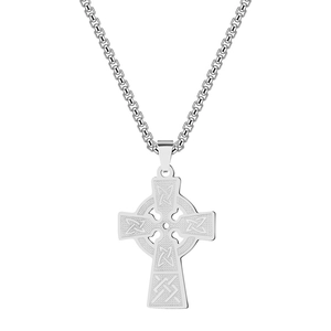 Detailed close-up of a Celtic cross pendant with intricate knot patterns on a box chain