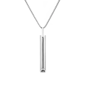 Polished stainless steel mindfulness meditation whistle pendant on fine box chain necklace