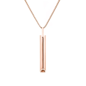 Macro detail of rose gold stainless steel breathing pendant on a classic box chain