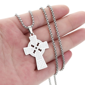 Silver Celtic cross pendant necklace in stainless steel with a sturdy box chain for men